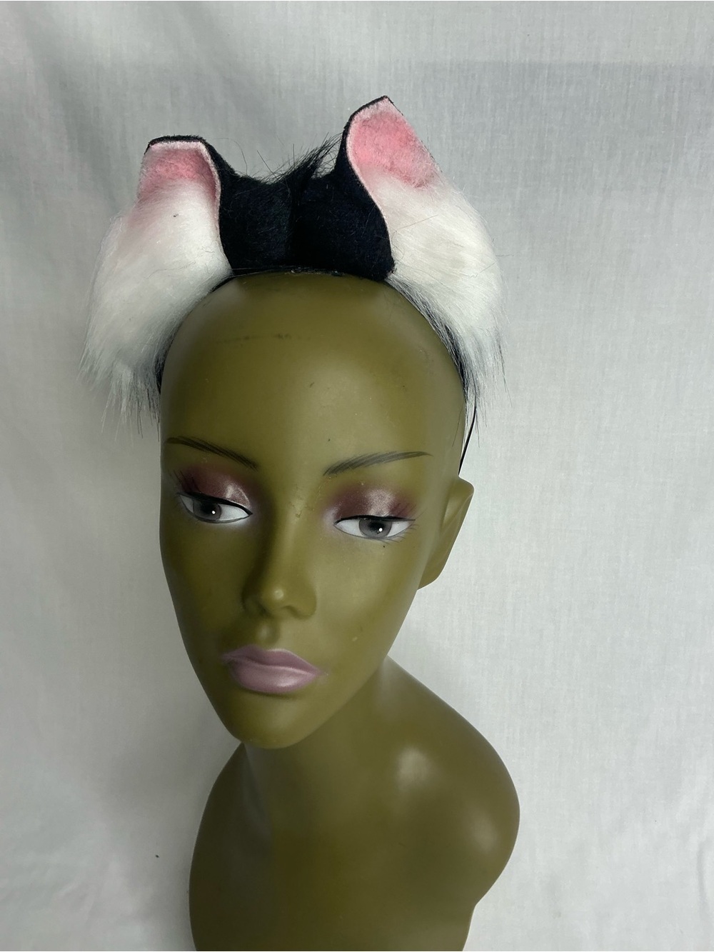 2282 - Faux Fur Cat Ear Headband in Black and White with Pink Accents